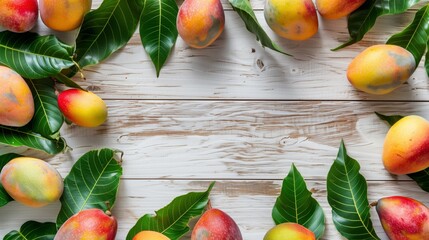 Poster - Top view of colorful mangoes arranged on a whitewashed wooden background, surrounded by fresh green leaves.