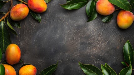 Wall Mural - Vibrant mangoes with fresh green leaves on a dark textured background, top view with copy space.