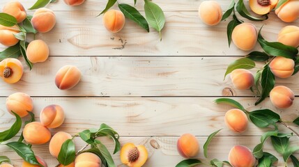 Poster - Fresh peaches with green leaves arranged on a light wooden background with copy space.