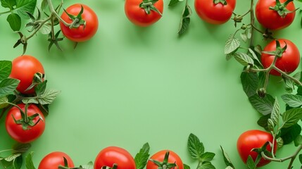 Wall Mural - Fresh ripe tomatoes with green leaves on a vibrant green background, with plenty of copy space.