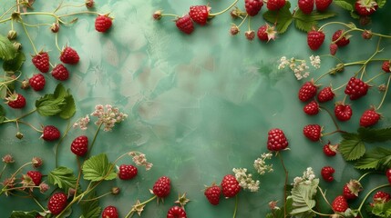 Wall Mural - A beautifully arranged collection of fresh raspberries with leaves and flowers on a textured green background.