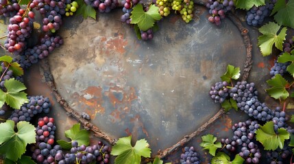 Canvas Print - Asssorted fresh grapes with leaves frame a rustic metallic background with ample copy space.