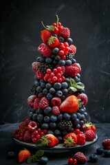 Wall Mural - An artfully arranged tower of fresh mixed berries on a dark background