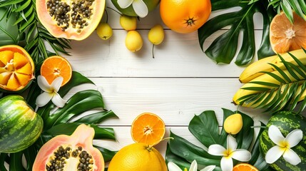 Sticker - Vibrant tropical fruit arrangement with oranges, bananas, and papayas, adorned with frangipani flowers on a white wooden background.