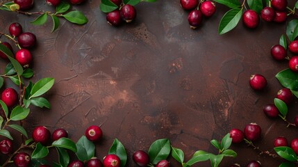 Wall Mural - Fresh red cherries with lush green leaves scattered on a textured dark brown surface.