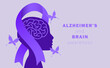 Alzheimer's and brain awareness month design template. World Alzheimer's Day vector illustration. Ribbon, flower, butterfly