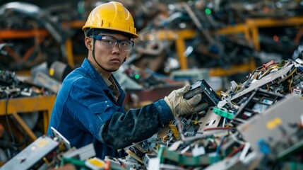 Wall Mural - Young Asian male worker in safety gear sorting electronic waste in a recycling plant.