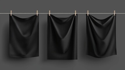 Poster - Mockup of blank canvas banners. Horizontal fabric flags, blank fabric panel hanging on ropes. Set of empty black fabric placards isolated on transparent background.