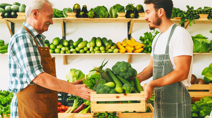 Sticker - Senior and young male vendors passing a crate of fresh vegetables in a market.