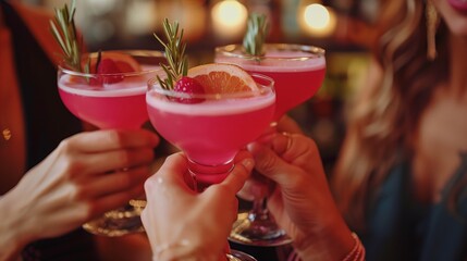 Wall Mural - Friends toasting with pink cocktails garnished with rosemary and fruit in a cozy bar setting.