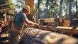 © Natalia - Focused lumberjack wearing safety gear while operating a large saw at a sawmill.
