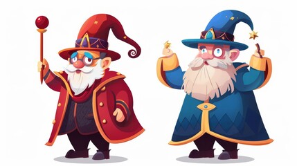 Wall Mural - Set of wizard characters isolated on white background. Old and young bearded men wearing vintage costumes and hats and performing circus stunts with a magic wand.