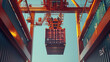 A crane in the seaport lifts up a large red container from the ground. Bottom view. Container transportation.