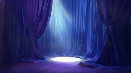Wall Mural - Blue theater curtain with spotlight. Realistic modern background of opera stage curtain drapery. Cinema or announcement concept with waved fabric and light.