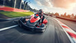 Race car driver Go Kart on a track at full speed with helmet and driver suit overtaking and dynamic motion effect