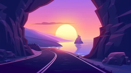 Canvas Print - In the distance, an empty curve serpentine road in a cliff goes out of a tunnel during sunset or sunrise. Cartoon summer evening or early morning modern countryside scene of an asphalt highway on