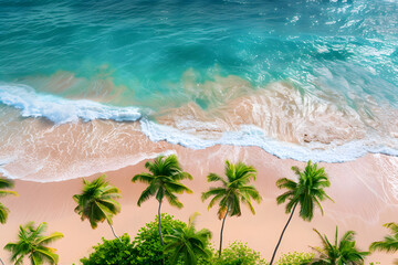 Wall Mural - Coastline at tropical beach with palms and turquoise ocean , summertime banner mockup. Summer travel sales and vacation concept.