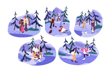 Wall Mural - Happy friends skate on ice rink, slide with sleigh outdoor. People have fun, rejoice of winter. Couples, men and women walk dog, ski in snow park. Flat isolated vector illustration on white background