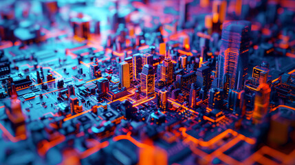 Canvas Print - A vibrant, futuristic cityscape resembling a circuit board, with glowing neon lights and a blue-orange color scheme.