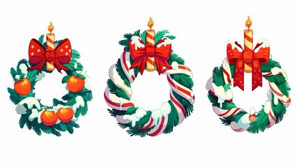 Wall Mural - Isolated on white, modern illustration of Christmas wreaths, branch circle with ribbon bow, advent candles, orange pieces covered in snow.