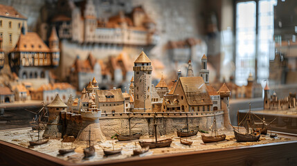 Wall Mural - A scale model of a historic landmark, with period-accurate scenery as the background, during a cultural heritage exhibition