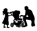 Fototapeta Konie - Family silhouettes. Father with daughter and baby in stroller. Vector illustration.	
