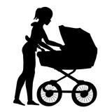 Fototapeta Konie - Family silhouettes. Mother walking with baby in stroller. Vector illustration.	
