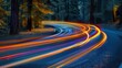Long exposure photo of a car driving at night on an asphalt road in the middle of a pine forest