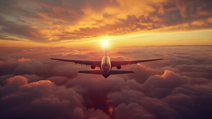 Wall Mural - A stunning view of an airplane flying above the clouds during a vibrant sunset.