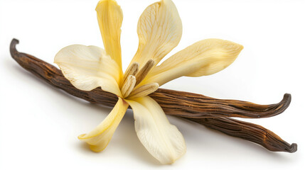 Sticker - Close-up image of a delicate yellow flower lying on fresh vanilla pods on a white background.