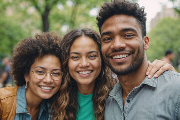 Portrait of happy young students multiethnic friends in against a heavily blurred park background