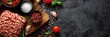 © Marina Demidiuk - Raw minced meat, forcemeat on black stone background, spices, tomato, herbs. Prime ground meat. Fresh red mince with pepper, salt. Dark cutting board. Food magazine style. Chief menu BBQ. Diner recipe