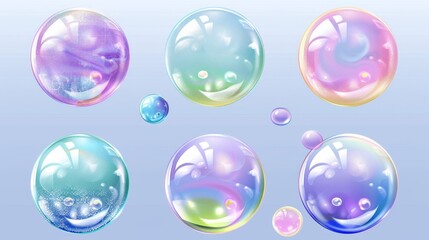 Poster - Set of color soap bubbles isolated on transparent background. Modern realistic illustration of shampoo and water balls with light reflection on iridescent surface, laundry or bathroom design