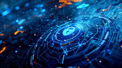 Wall Mural - Futuristic digital technology background featuring a glowing blue padlock symbol on circuit board design.
