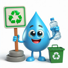 Sticker - Water drop cartoon with the recycling symbol. Draws attention to climate change and water scarcity