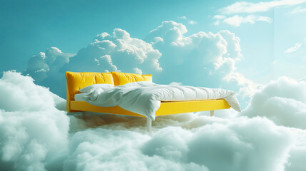 Wall Mural - A surreal scene featuring a yellow bed with white bedding floating among fluffy clouds against a clear blue sky.