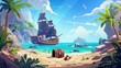 In this modern illustration of a sea landscape with wooden ship with skull on black sails, uninhabited tropical island, and capitan hat in hole dug by a pirate, there is a treasure chest buried by a