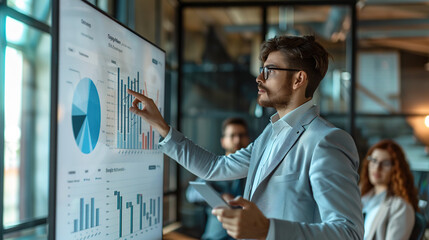 A young businessman presents data on a screen while standing in front of his colleagues at the office. He points to a graph and chart showing business growth concepts during a meeting with his team