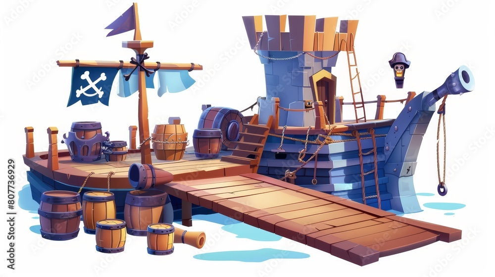 Wooden pirate ship deck, cannons, wood boxes, barrels, hold entrance ...