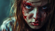 Woman with blood on her face, Scary zombie woman with wounds, Violence concept