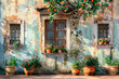 © graja - An old house facade with large windows, potted plants and orange tree above it.
