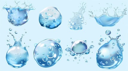 Poster - Bubbles and effervescent water fizz set, with dynamic aqua motion and randomly moving underwater fizzing. A realistic 3D modern illustration of soda drink design elements isolated on a transparent