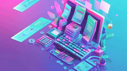 Poster - Large payment bill coming out of computer screen. Smart technology for accounting, an application for internet taxation, and 3D modern line art web banner.