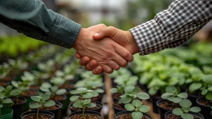 Handshaking between farmers and customers for business partners. Farmer working hydroponic vegetable garden at greenhouse.