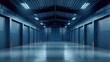 Vacant warehouse with rolling doors, shutter gates, illuminating lamps on ceiling. Industrial room rental storage facility, realistic 3D modern illustration.