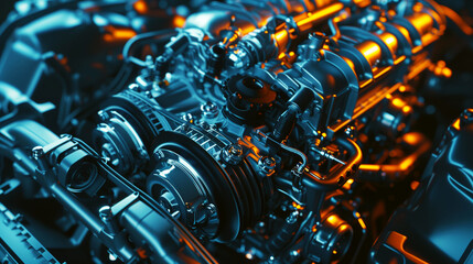 Poster - Detailed view of an intricate car engine, showcasing belts, gears, and pistons in metallic blue and orange tones.