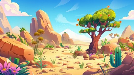 Wall Mural - The hot sand desert in Africa with stones, dune, cactuses, and tropical trees is represented in this modern cartoon illustration.