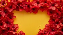 Vibrant Red Artificial Flowers Bordering A Yellow Textured Background With Ample Copy Space.