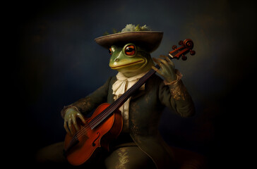 Wall Mural - 3D ironic animal portrait, Toad, Frog, Medieval, Renaissance, Poster, Wallpaper. FROGGY THE MINSTREL. This toad learned the noble art of making the sound come out of the violin strings using paws