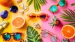 Product Showcase: Arrange a variety of sunglasses and glasses with rounded frames on a vibrant, summery background. Add elements like beach accessories, tropical fruits. Generative AI